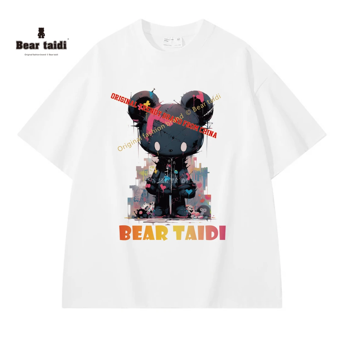 短袖女夏季洋气衣服男女款网红炸街中性可爱熊风重磅纯棉宽松t恤