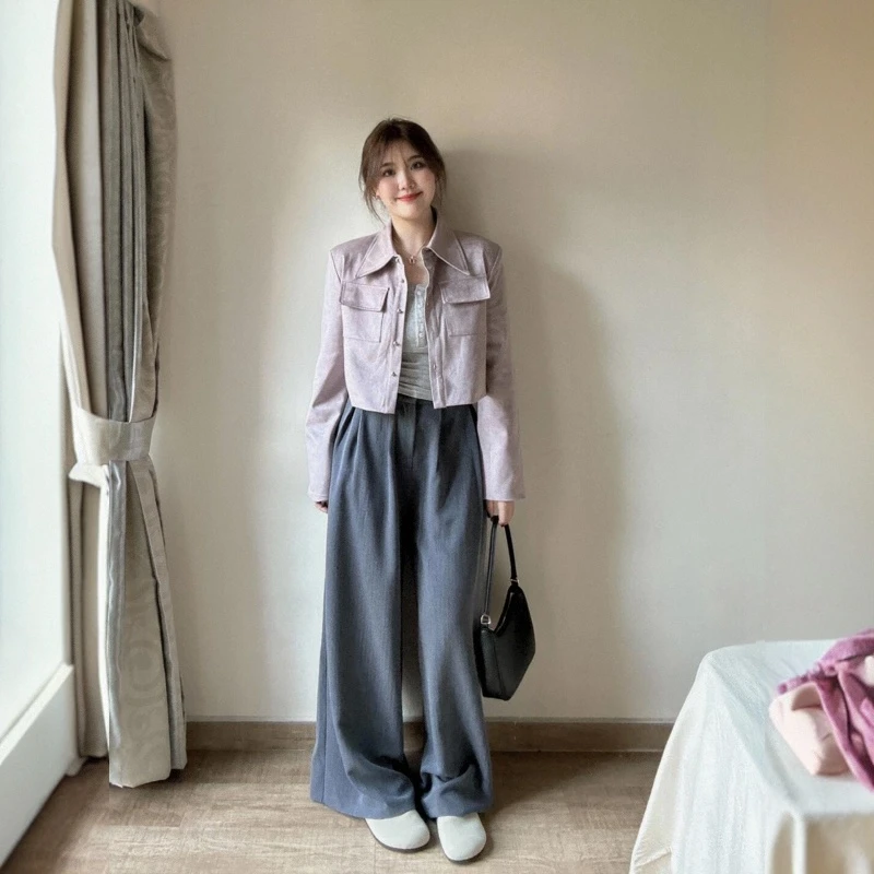 早秋穿搭一整套高级感小香风紫色短款开衫外套显瘦阔腿裤减龄套装