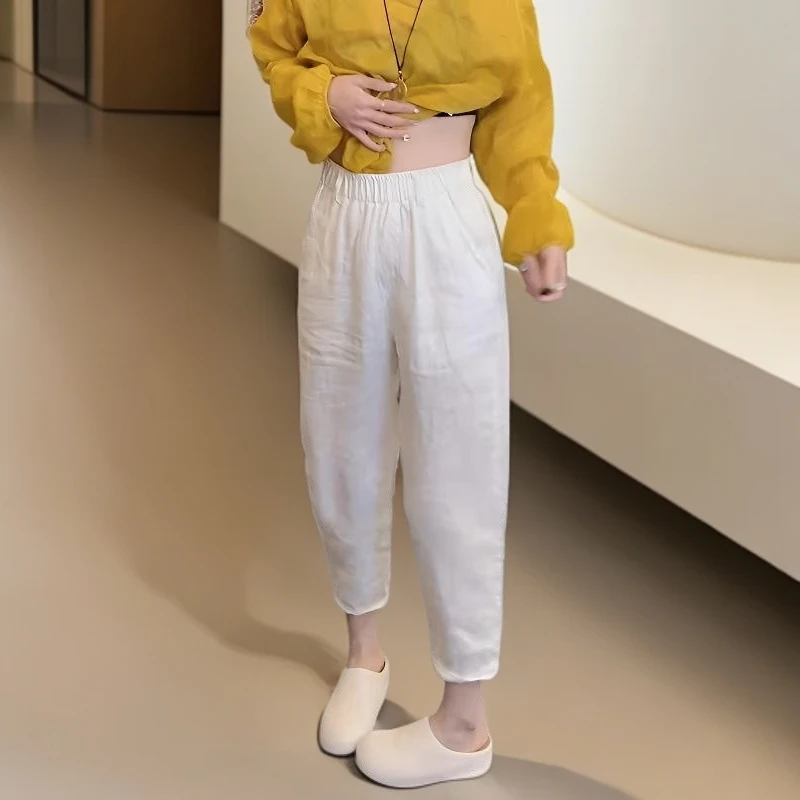 大码女装时尚百搭休闲八分裤2025年夏季新款高腰显瘦亚麻阔腿裤女