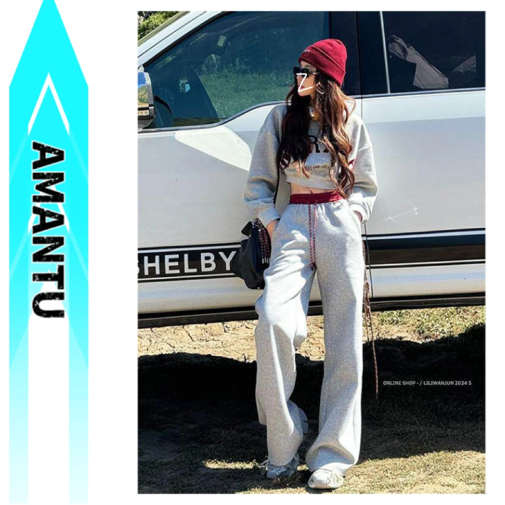 -2025网红炸街圆领字母刺绣显瘦辣妹套装女早春高腰阔腿裤两件套