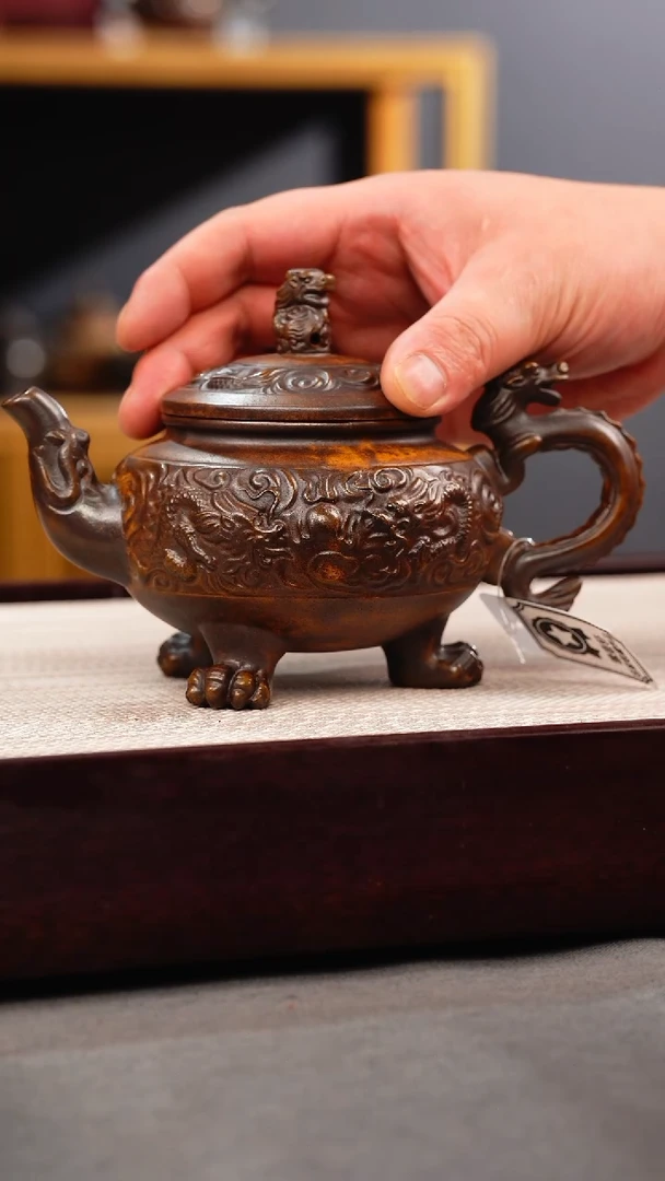 茶壶紫砂龙骨金砂 三足龙尊 刻绘