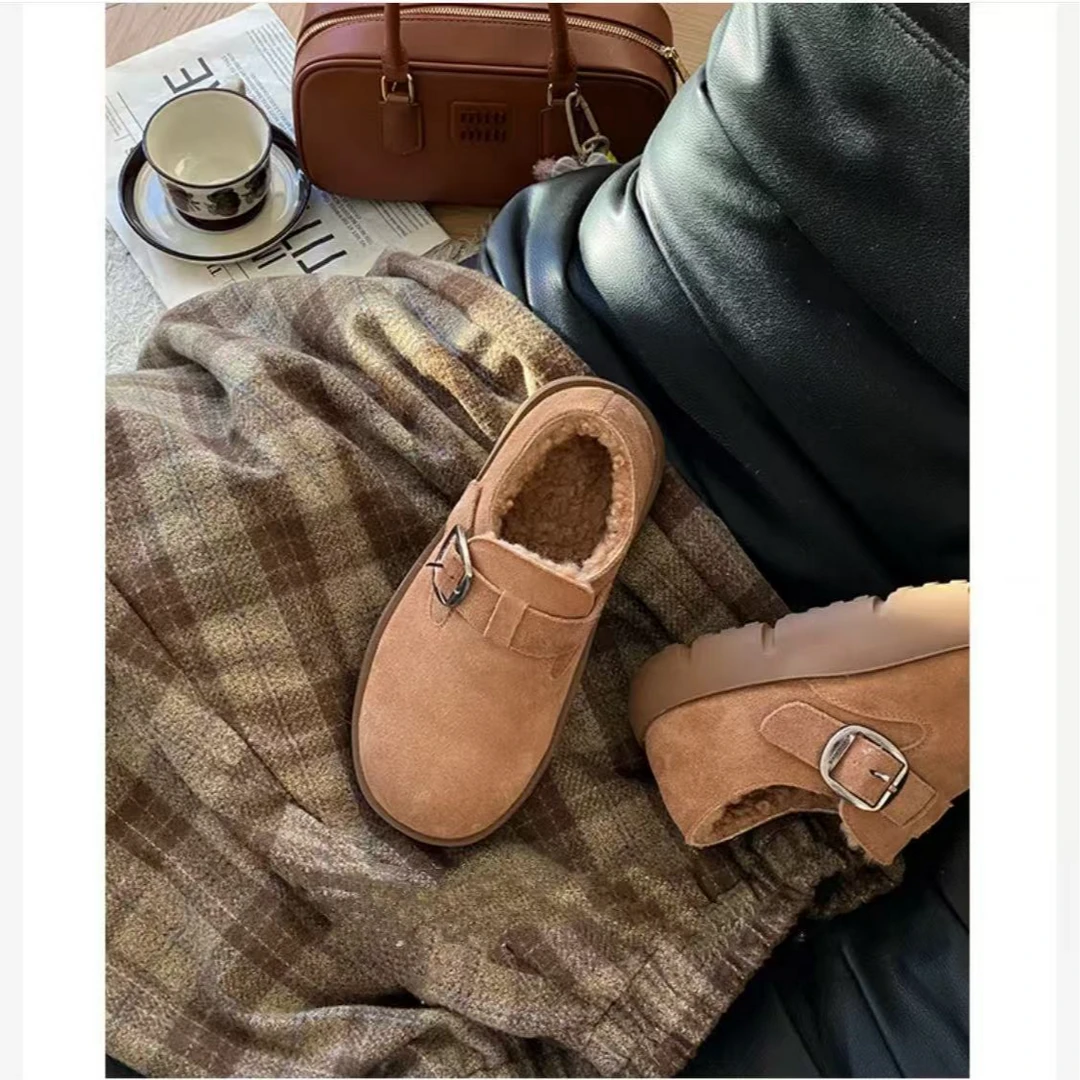悦享女装2024冬季新款头层牛皮保暖时尚勃肯鞋外穿羊羔绒休闲鞋