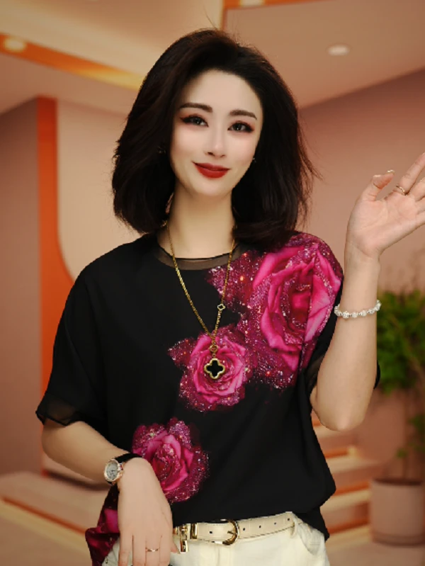 女装印花不起球衬衫休闲风小衫宽松印染设计感S24H196