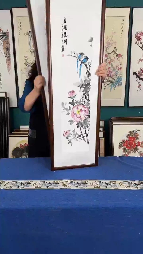 国画35*123牡丹实木装裱