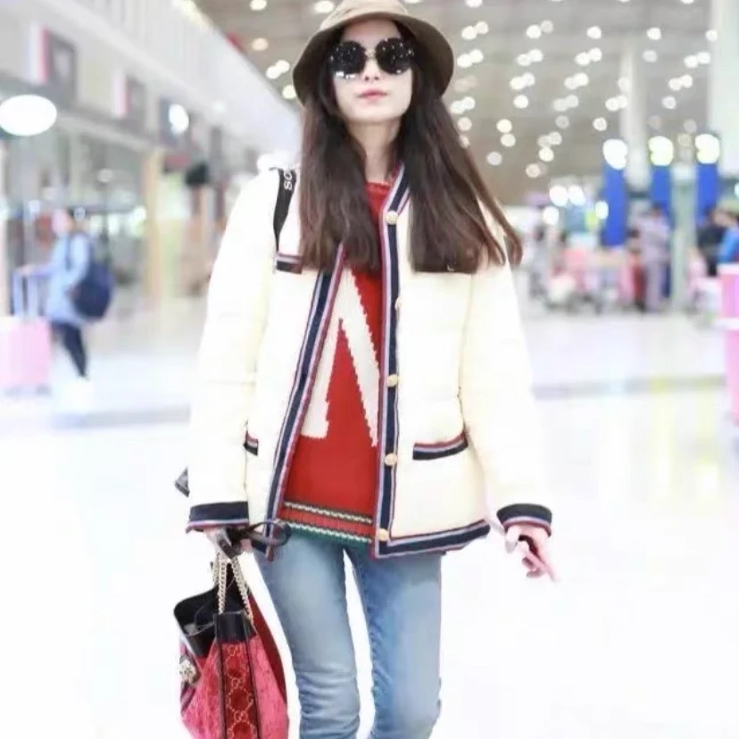 95新 GUCCI/古驰 X14066 米白色条纹V领单排扣长袖棉服外套 40