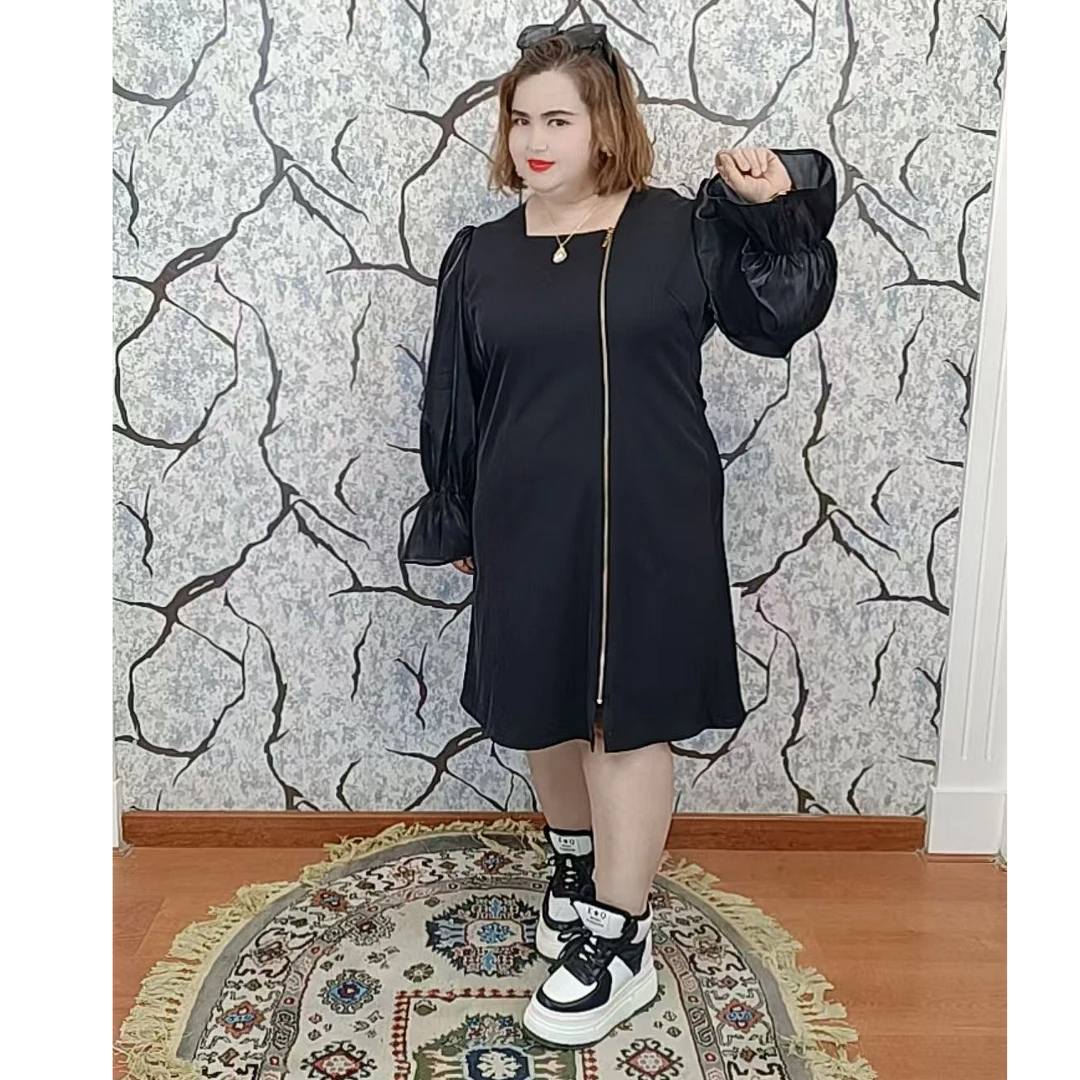 【拉链裙子】大码时尚百搭显瘦长袖裙子