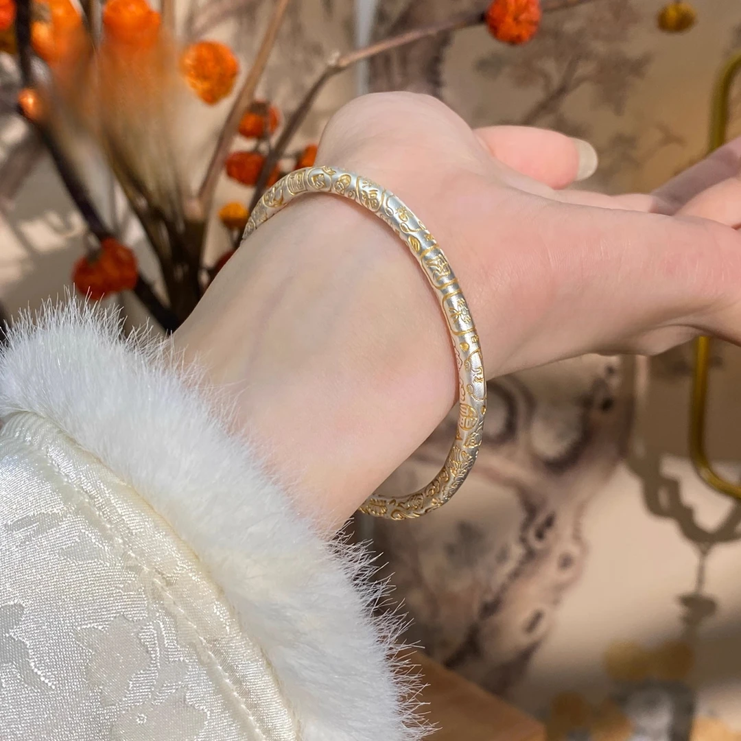 老凰祥款足银新年祝福语古法雕刻描金招米猫猫男女手镯纯银正品