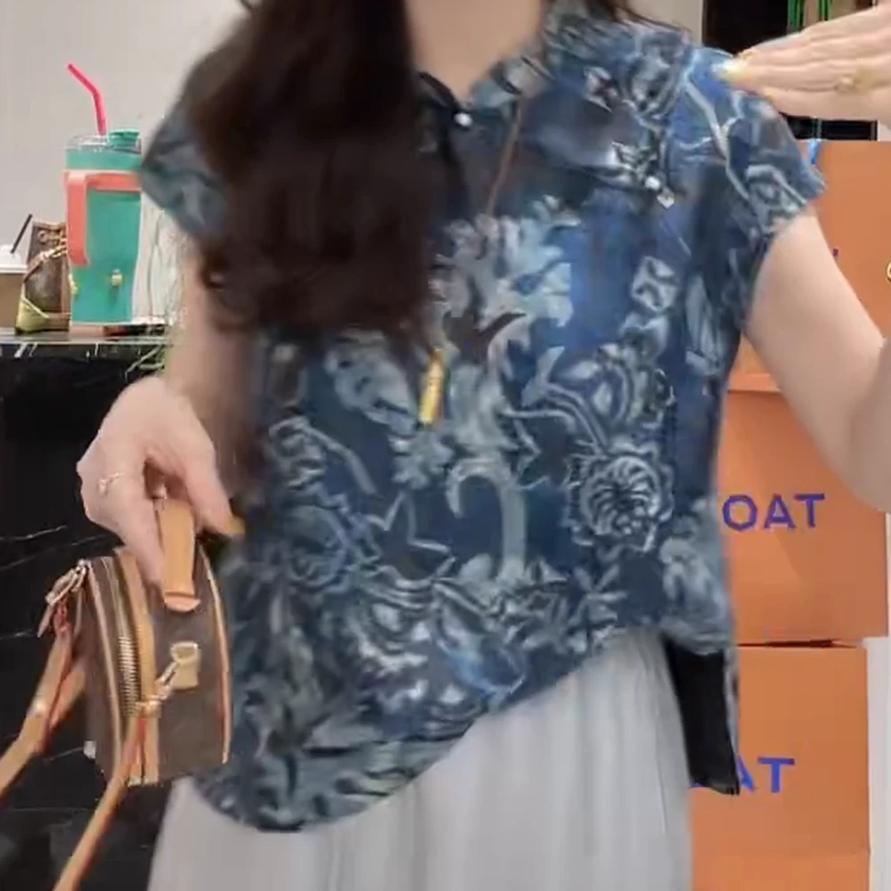 【青花瓷】夏季气质优雅新中式提花短袖上衣衬衣
