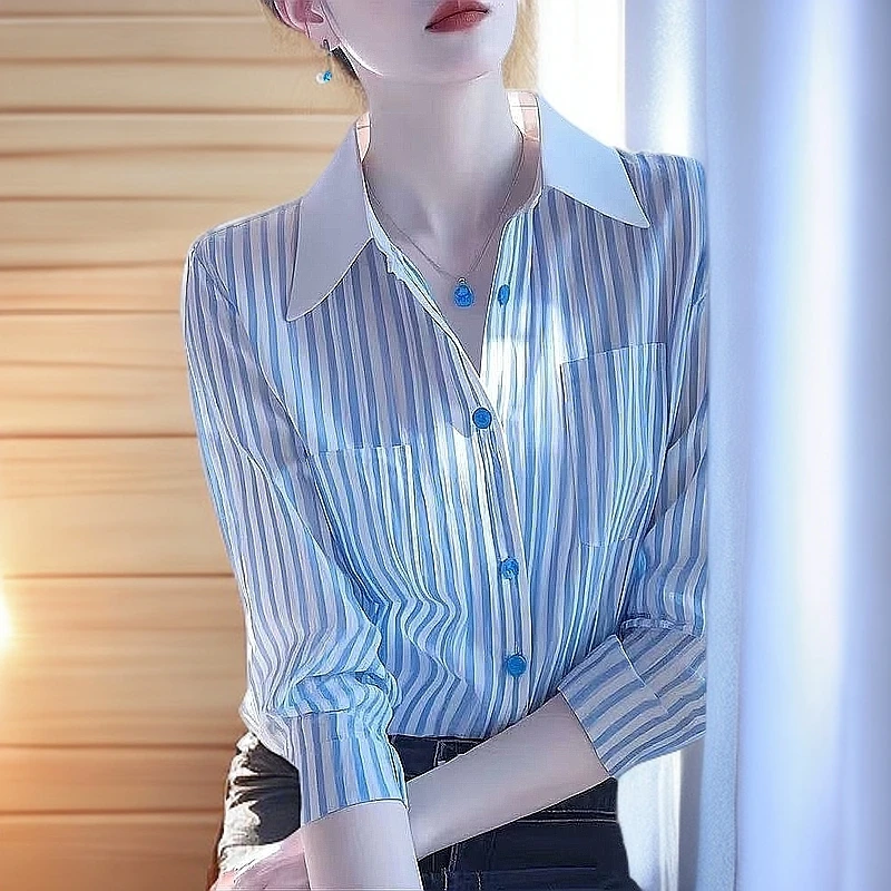 爆款超好看蓝色条纹衬气质百搭长袖女装时尚显瘦洋气夏季小众宽松