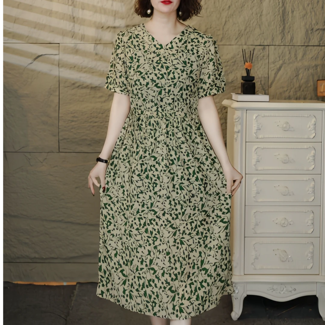 2008【依】夏季百搭时尚简约休闲显瘦遮肉减龄碎花连衣裙