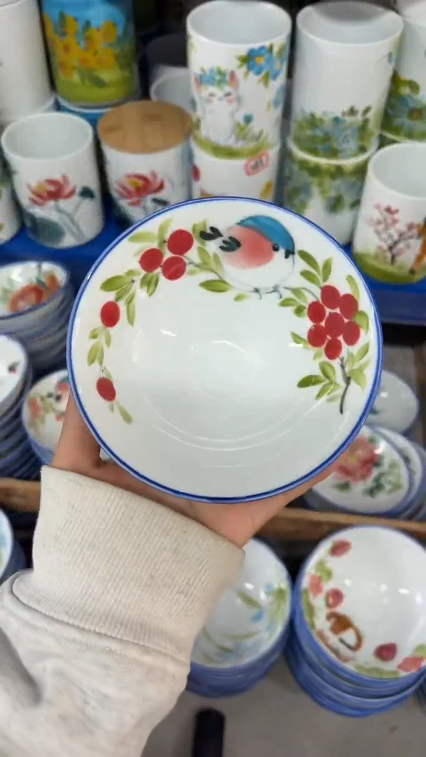 瓷片景德镇高温陶瓷食品级手绘釉中彩-斗笠碗