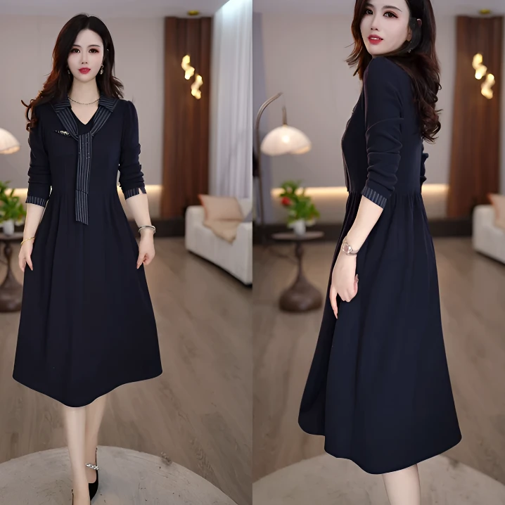 新品2025秋款简约干练精致打底腰部收缩时尚气质洋气女士连衣裙