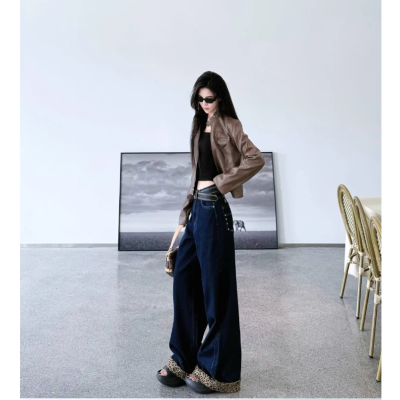 猫猫加长女裤高个子直筒阔腿刺绣翻折豹纹牛仔裤