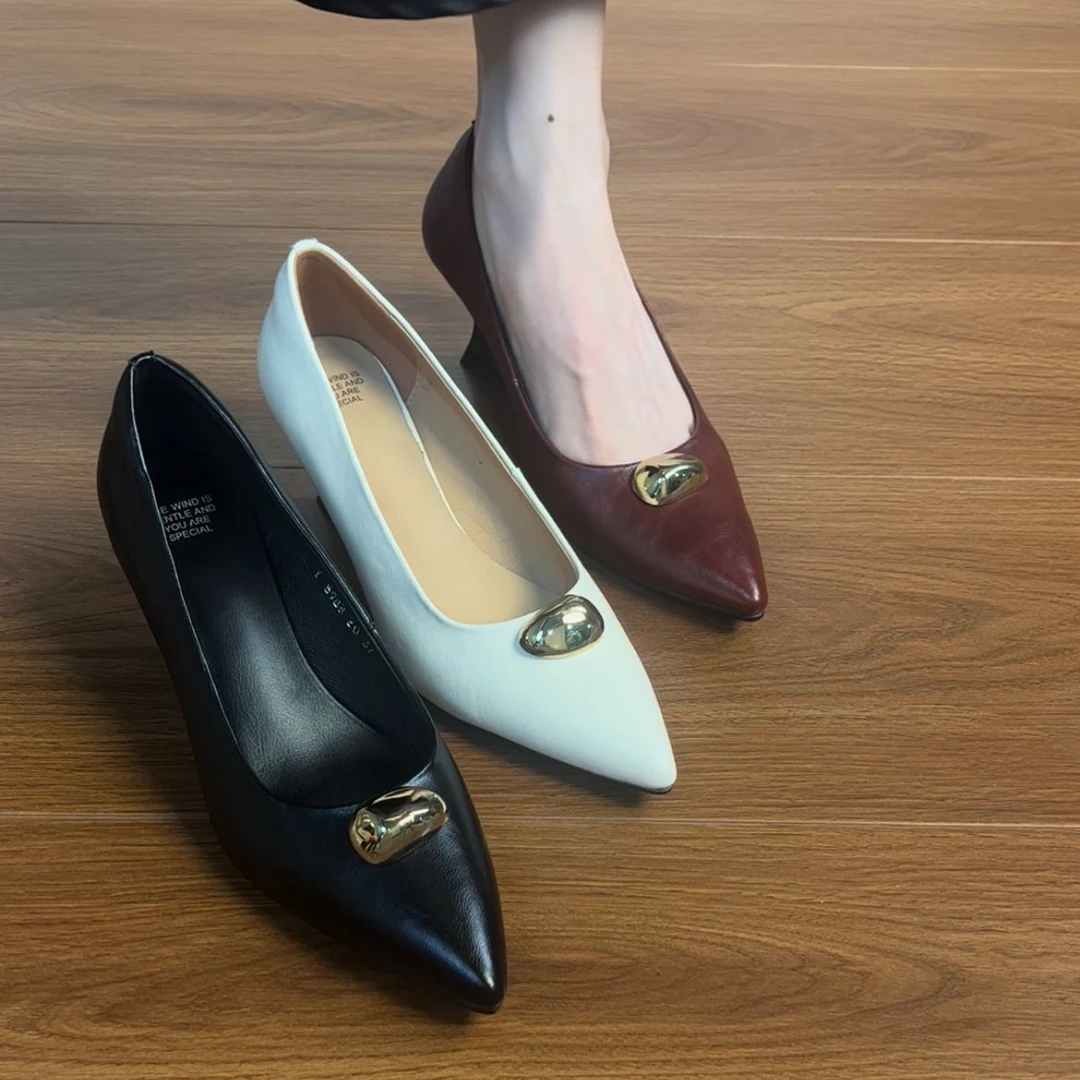 6CM牛皮法式春季新款异形跟鞋女尖头一脚蹬优雅时尚气质软皮单鞋