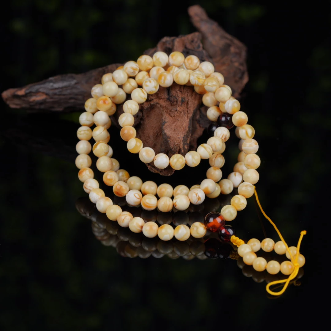 天然琥珀焦皮瓷白花蜡6m+圆珠108项链