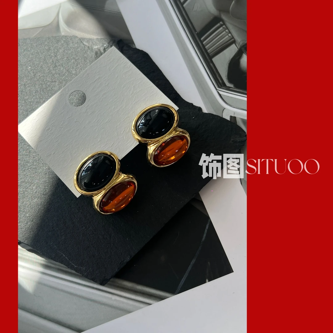 合金耳饰 饰图925银针复古双色耳环轻奢法式气质小众简约