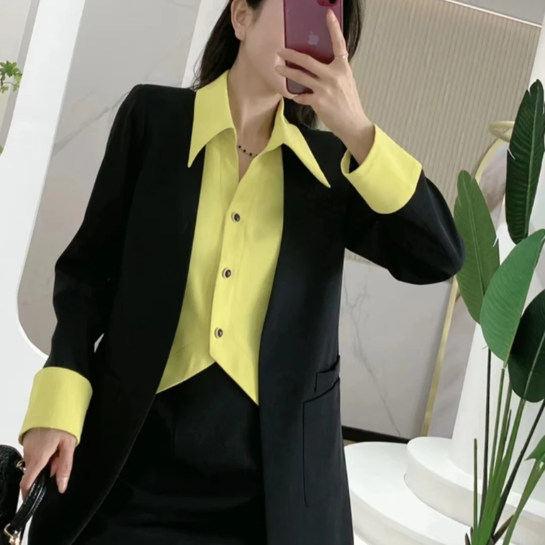 2025新款假两件拼接西装外套通勤风气质减龄+后松紧半身裙两件套