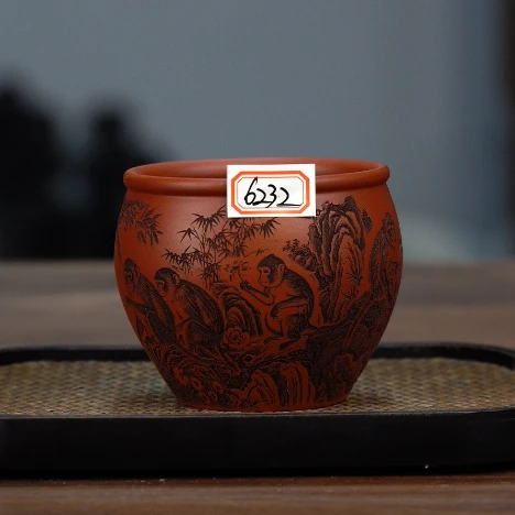 6232 紫砂茶具大红袍刻绘猴子主人杯160cc左右YY