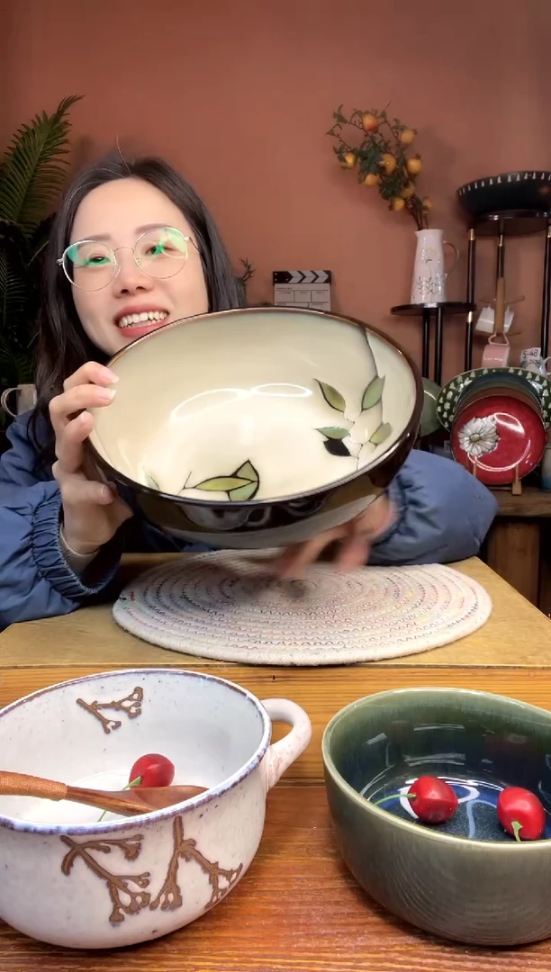 陶瓷9英寸手绘竹叶大汤碗 微瑕疵