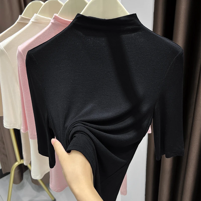 柔软舒适超弹皮肤上衣女款爆款2025新款半高领内搭修身短袖打底衫