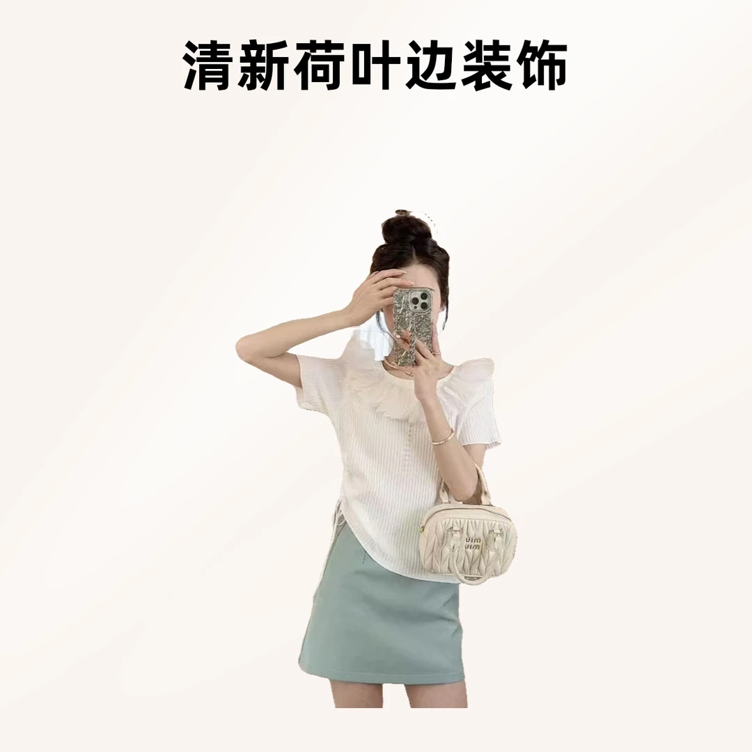 5049花边设计感圆领针织短袖t恤女春款2025春装新款洋气小衫上衣