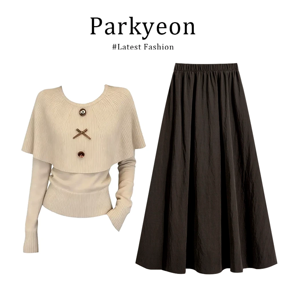 入冬一整套蝴蝶结针织衫斗篷毛衣高腰修身简洁半身裙套装