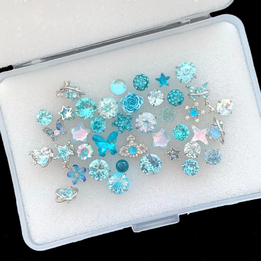 钛钢锆石耳饰 浅蓝日记|蓝色钛钢耳钉女耳骨钉平底免摘耳蜗钉女