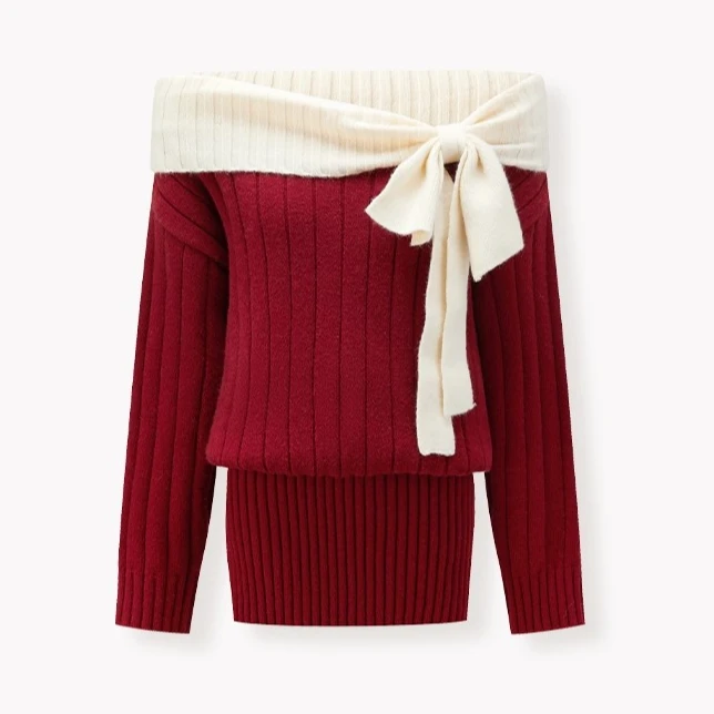 羊城故事-修身一字肩针织连衣裙女冬蝴蝶洋气中长裙Y51155579