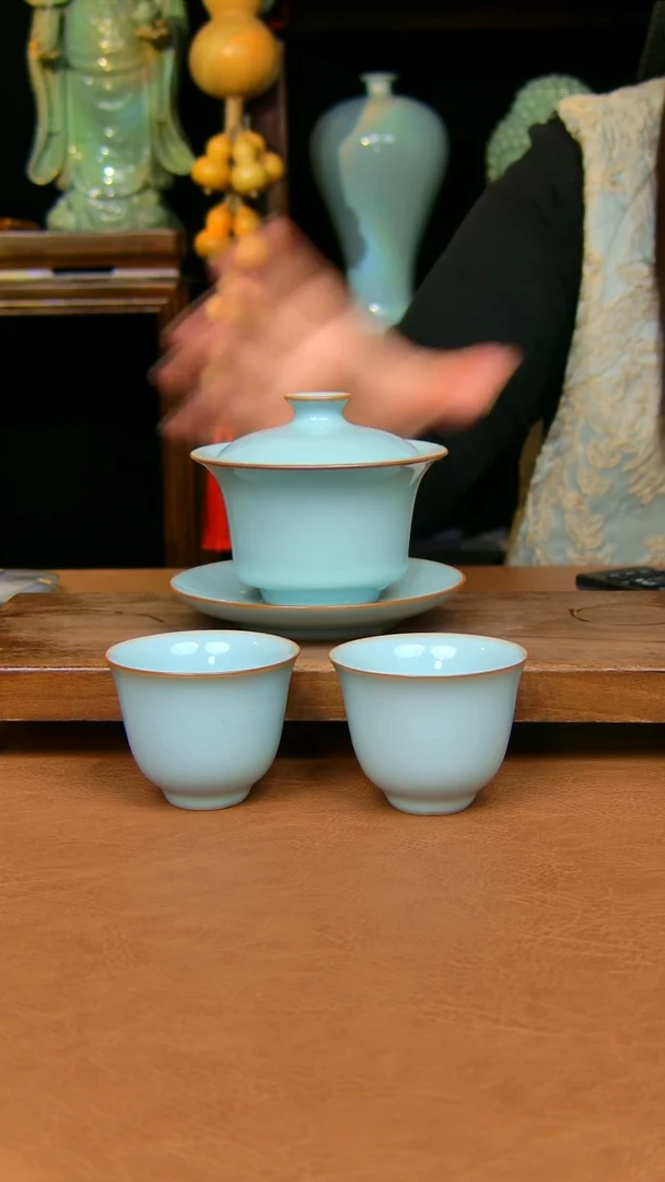 瓷片马蹄盖碗加两杯原矿天青不完美