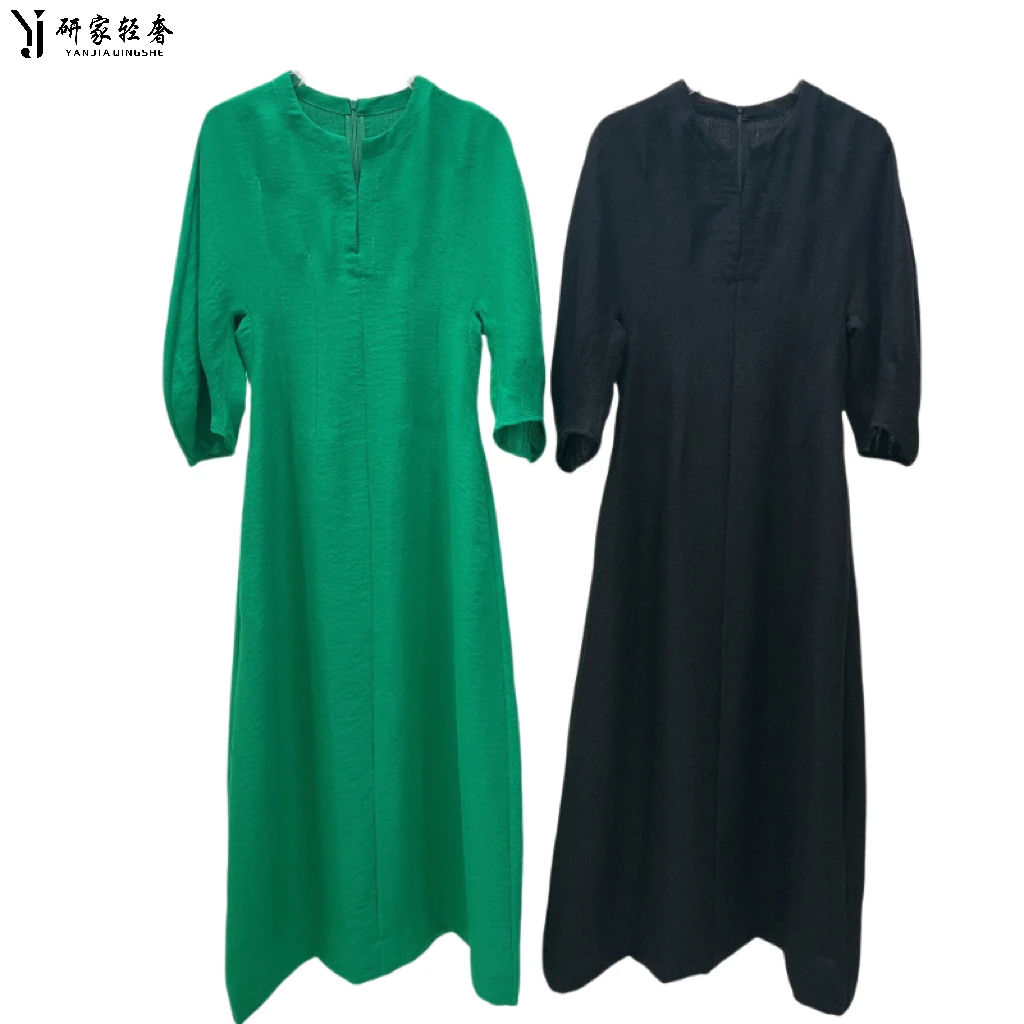 5884研家轻奢时尚简约V领收腰显瘦连衣裙