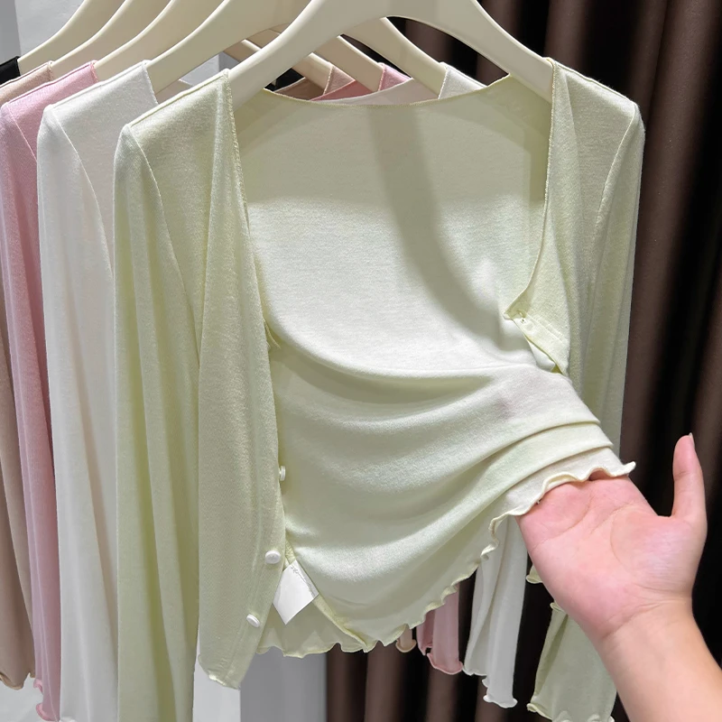 2025春季爆款绿色木耳边外搭短款罩衫开衫披肩防晒长袖薄款针织衫
