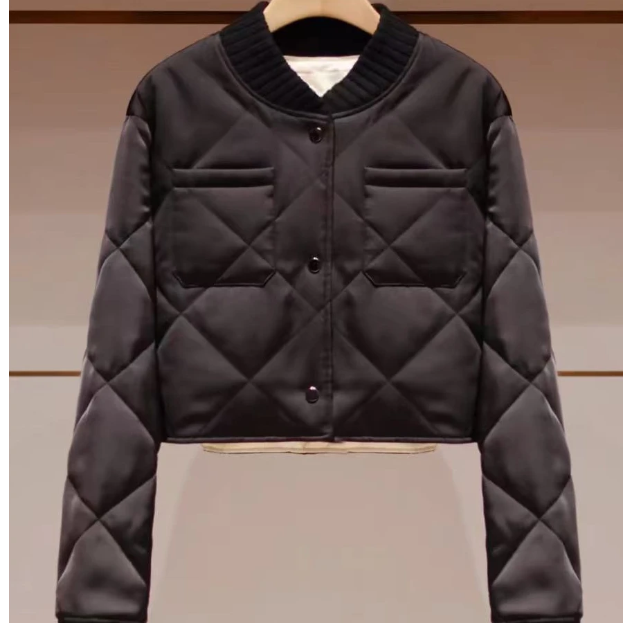 圆领短款拼接棉服棉衣外套加厚菱形格百搭女士保暖菱格冬季