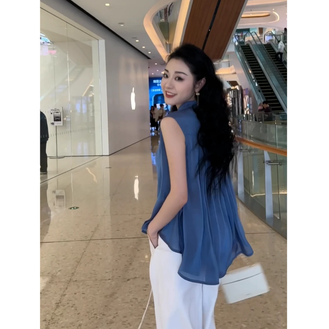 AMASS/阿玛施【缪斯之语】月光缎面流光质感无袖纽扣上衣女530043