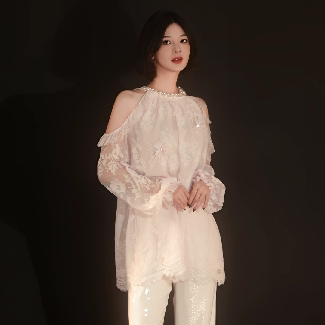 法式重工蕾丝泡泡袖挂脖上衣