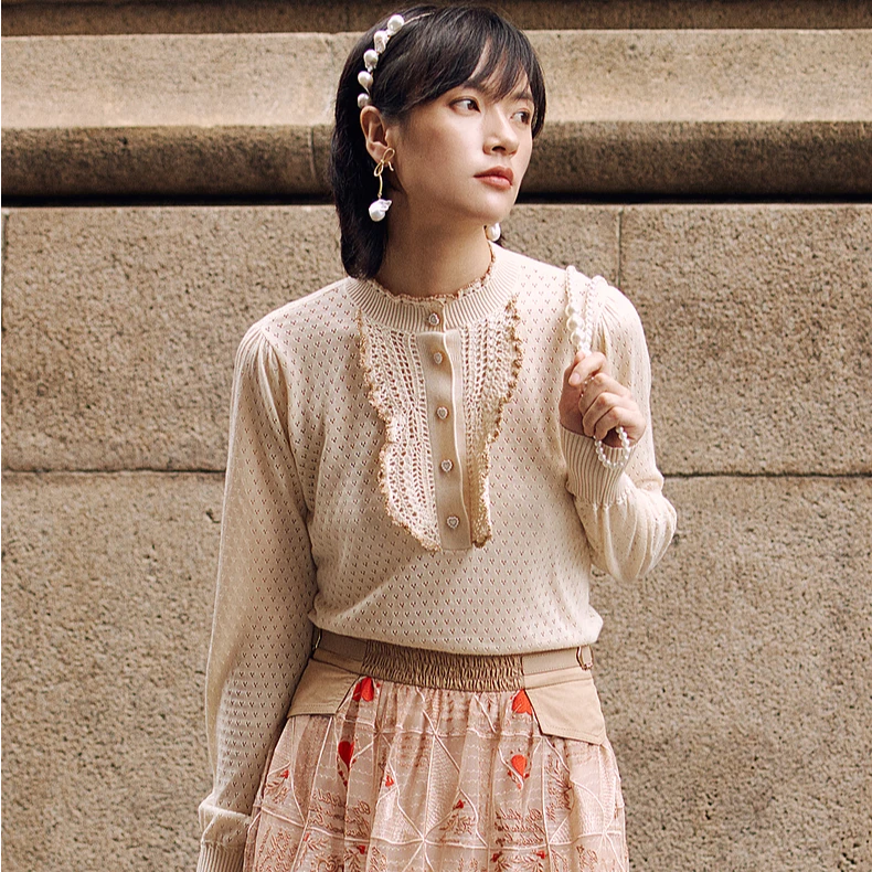 MESUX米岫铜氨纤维钩花装饰毛衫MJFUE404