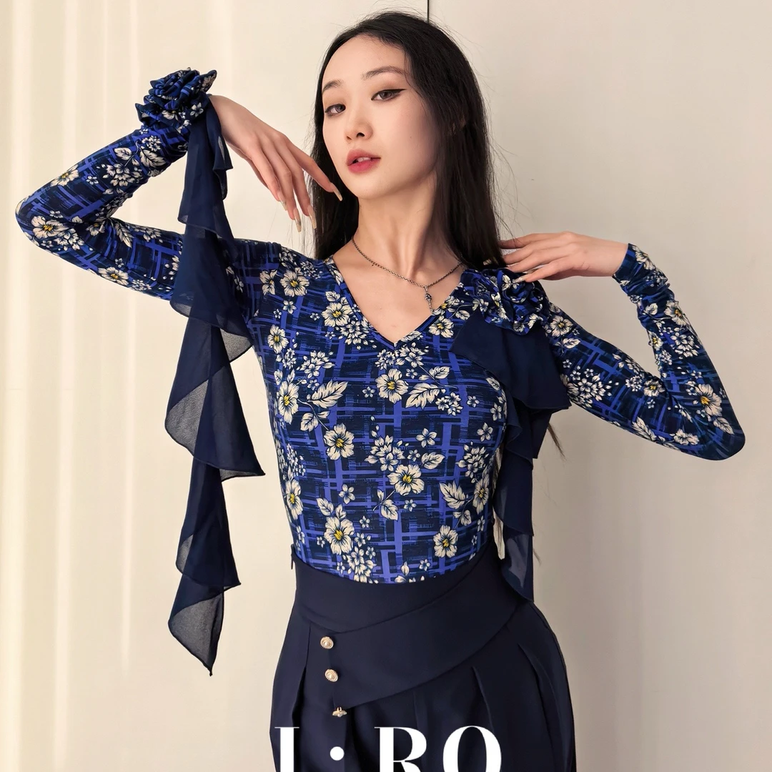 I·RO【暗香疏影】手工立体花飘带印花显瘦显瘦摩登舞练习服长袖