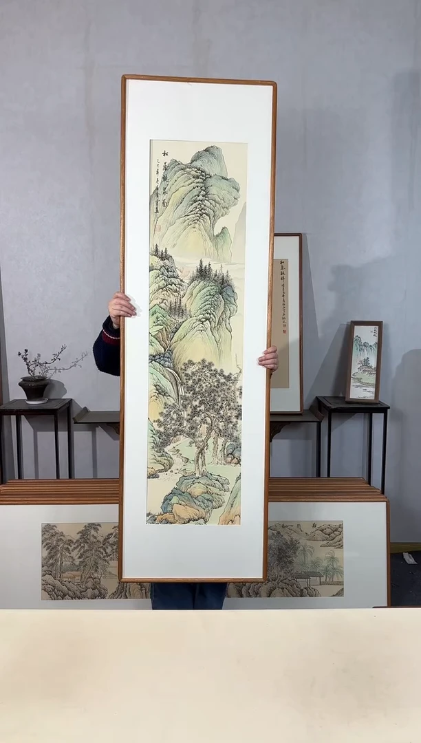 国画手绘*松荫听泉图*52*172cm原木色木框