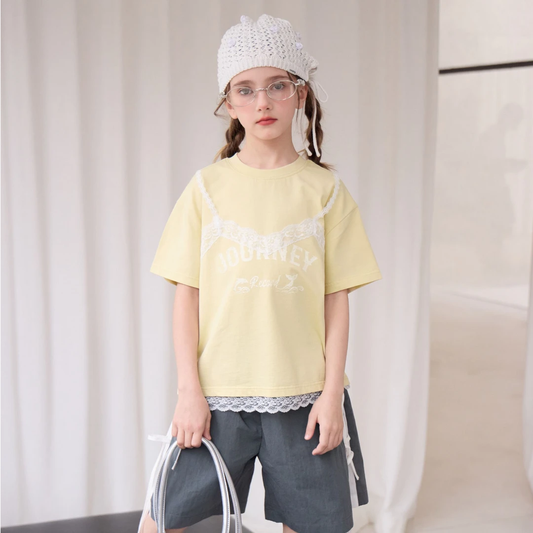 【DYD】夏日蕾丝吊带假两件短袖t恤女童2025新款独特漂亮超好看上衣