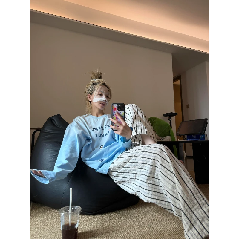 韩版撞色条纹睡衣女士夏2025新款设计感慵懒宽松家居服套装可外穿