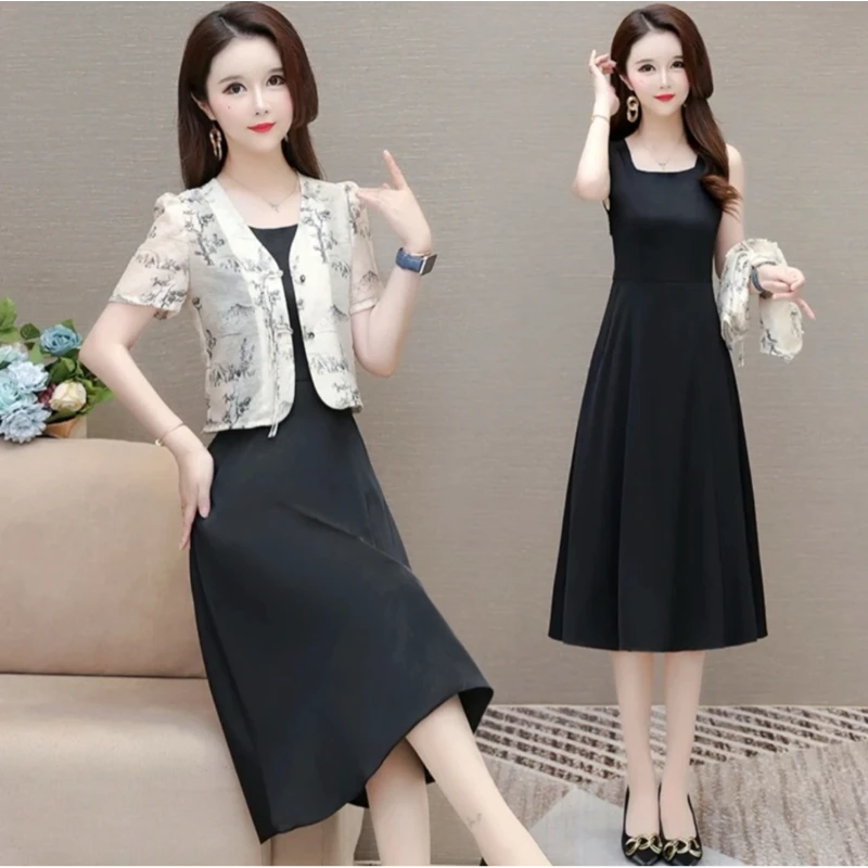 【HT653】妈妈夏装国风连衣裙洋气印花长裙子气质两件套