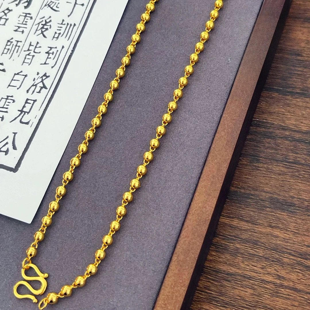 铜合金项链 中国风不掉色圆珠项链情侣实心铜镀金时尚项链锁骨链
