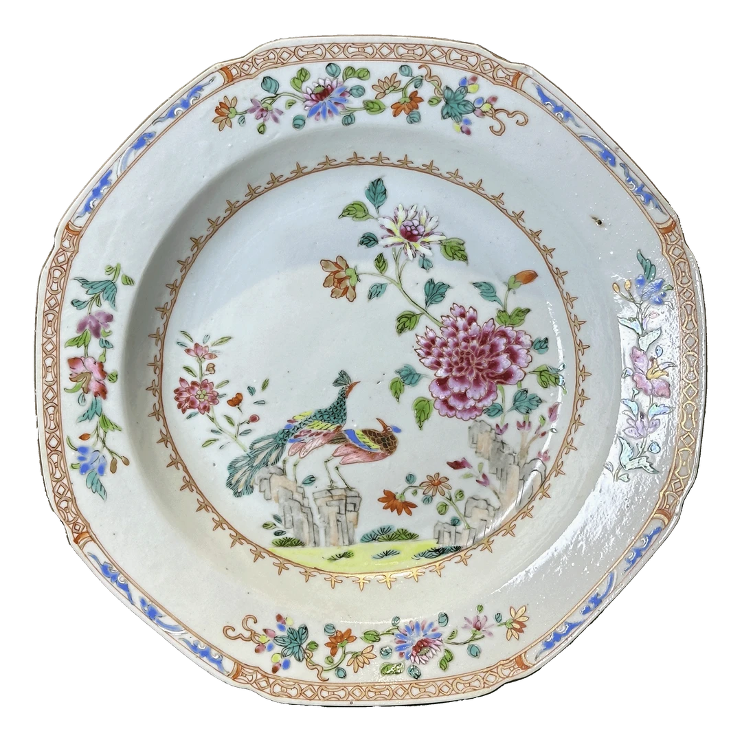 25201503y粉彩孔雀牡丹纹盘