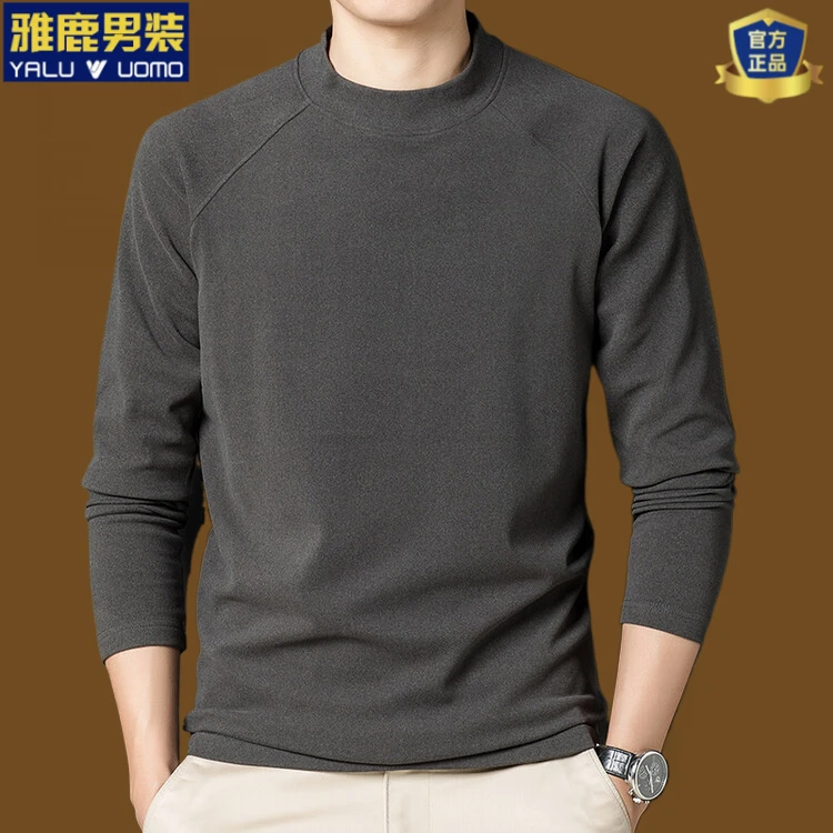 雅鹿男装时尚德绒长袖打底衫男士秋冬双面绒圆领长袖内搭t恤成熟