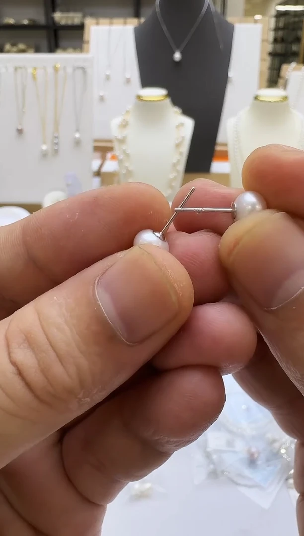 银S925镶嵌淡水珍珠耳钉7-8mm