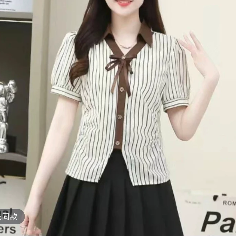 8803#条纹V领短袖衬衫上衣女显瘦气质百搭洋气时尚夏季新款