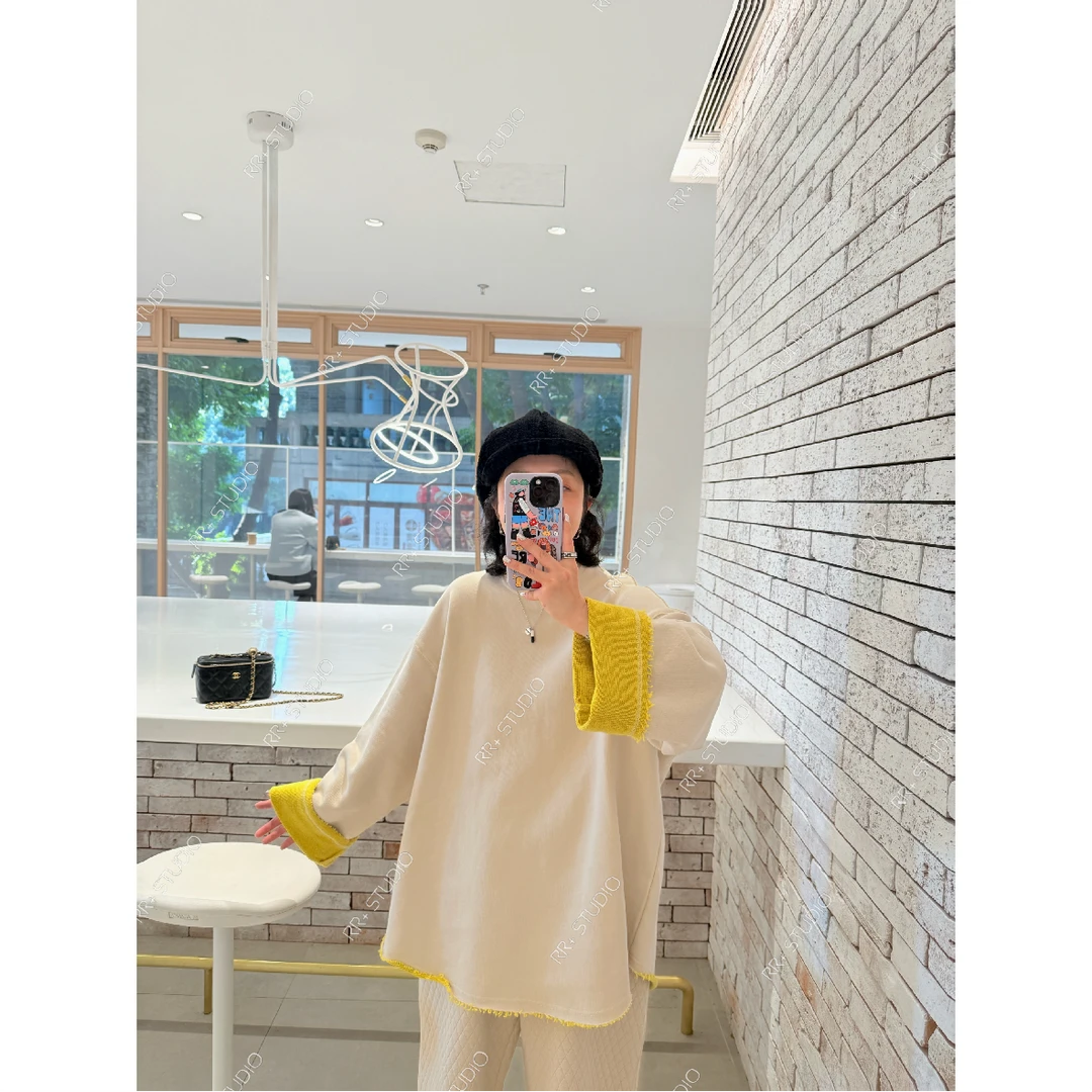 『豆公子』22162韩版拼色卷边套头圆领卫衣女秋冬时尚宽松休闲上衣