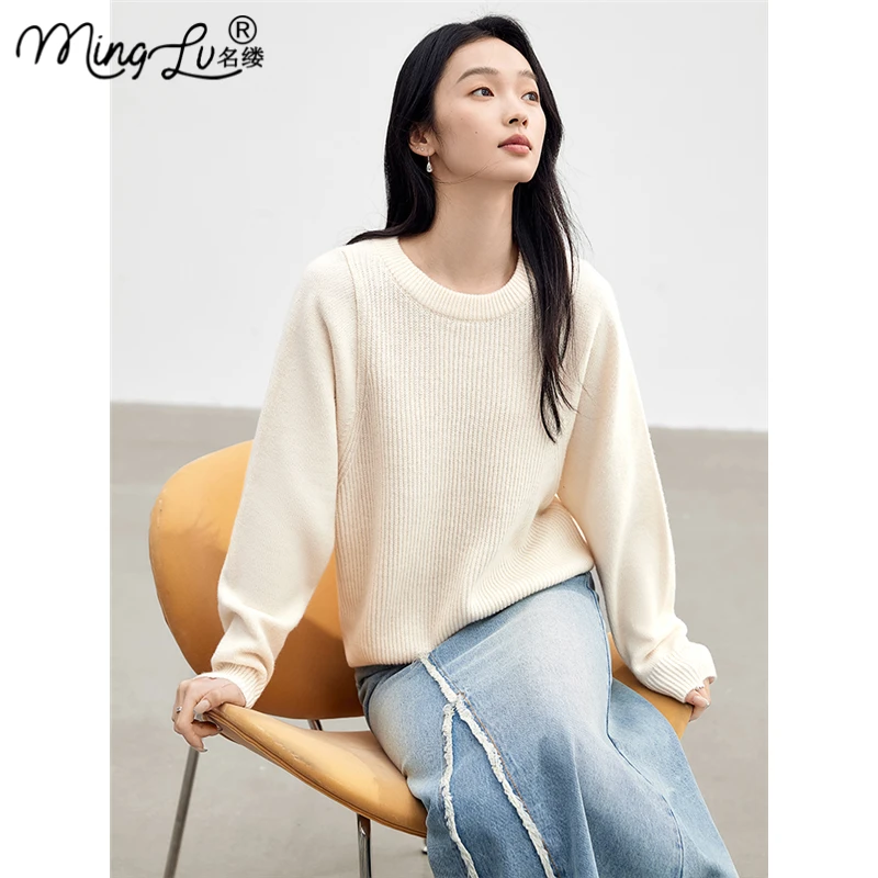 时尚简约软糯连肩袖圆领毛衣女2025春季新款纯色宽松百搭针织上衣