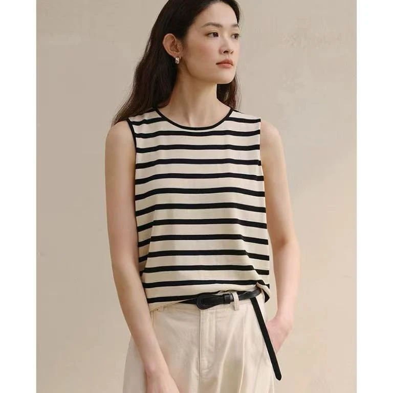 【左耳与麻】2025夏95%汉麻条纹圆领背心时尚极简无袖上衣22947