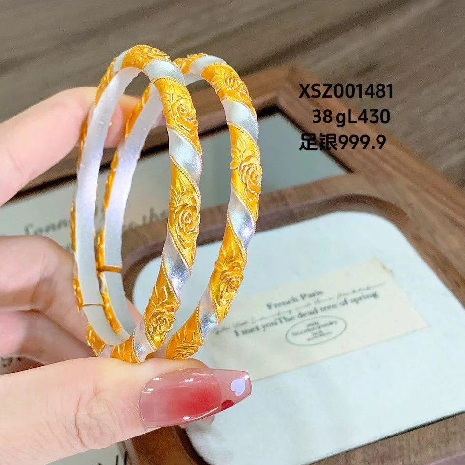 鹿怡 足银手镯 9999足银描金玫瑰纽带手镯新中式国风纯银百搭礼物