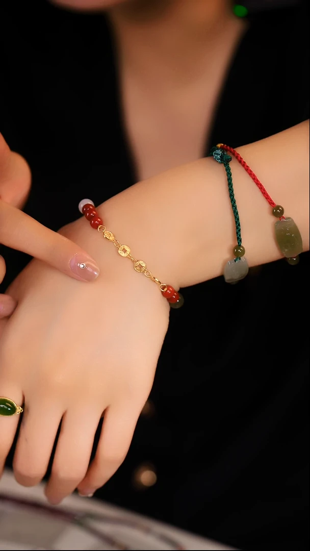 【闪购商品】南红玛瑙手链银S925镀金镶嵌孤品南红单圈手串